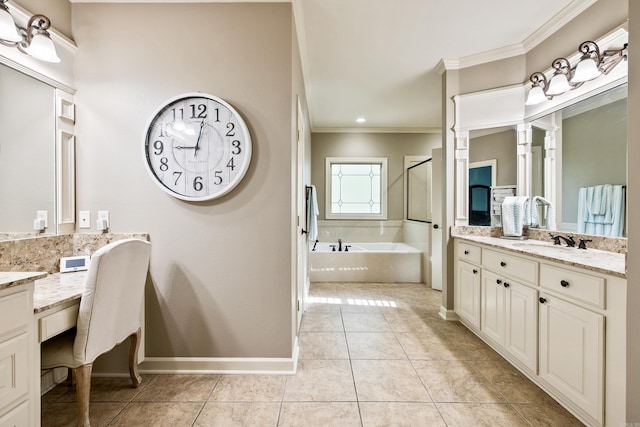 bathroom featuring a bath, ornamental molding, vanity, tile patterned floors, and a stall shower