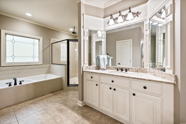 full bathroom featuring vanity, ornamental molding, a stall shower, tile patterned floors, and a bath