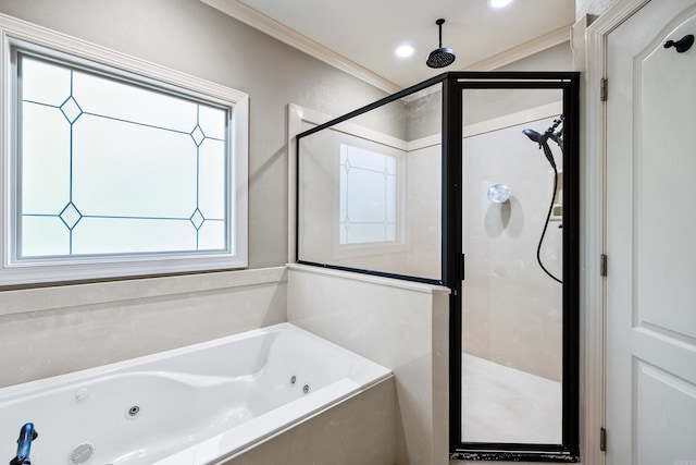 full bath featuring a shower stall, a tub with jets, and plenty of natural light