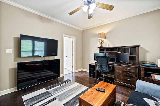 office with ornamental molding, baseboards, ceiling fan, and wood finished floors