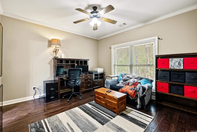 office area featuring crown molding, ceiling fan, visible vents, baseboards, and hardwood / wood-style flooring