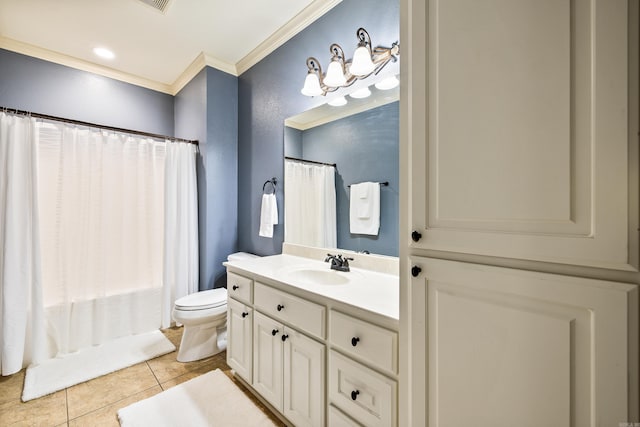 full bath with a shower with shower curtain, ornamental molding, toilet, vanity, and tile patterned flooring