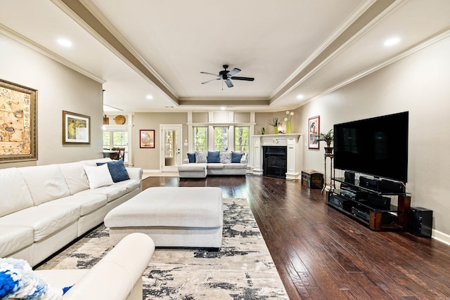 living area featuring ornamental molding, wood-type flooring, ceiling fan, and a raised ceiling