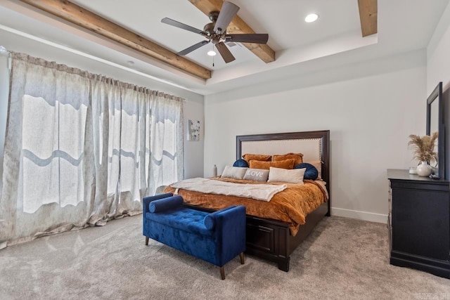 carpeted bedroom featuring recessed lighting, baseboards, beamed ceiling, and ceiling fan