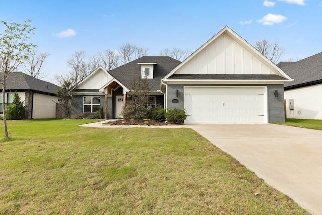 view of front of house featuring concrete driveway, board and batten siding, a front yard, brick siding, and a garage