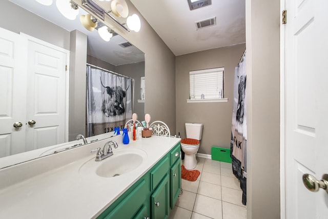 bathroom featuring visible vents, toilet, tile patterned flooring, and vanity