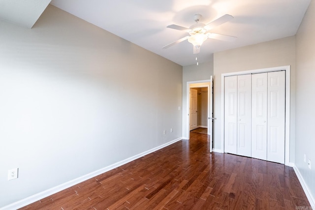 820 N St, Little Rock, AR 72201 - unfurnished bedroom with a closet, baseboards, ceiling fan, and dark wood finished floors