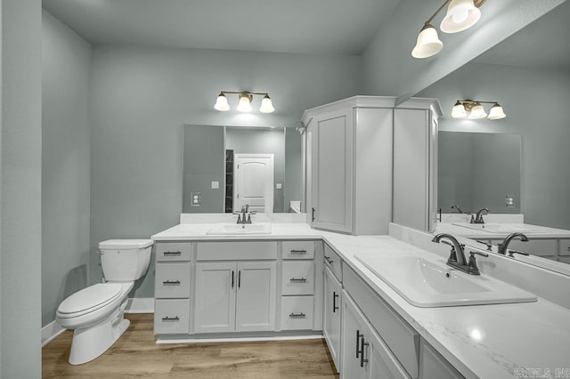 bathroom with toilet, wood finished floors, double vanity, and a sink