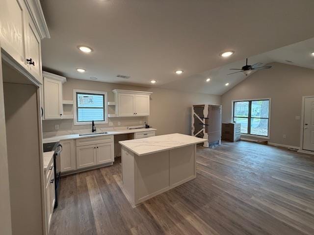 615 N Pruett, Paragould, AR 72450 - kitchen with dark wood-style flooring, black / electric stove, a sink, white cabinetry, and a kitchen island