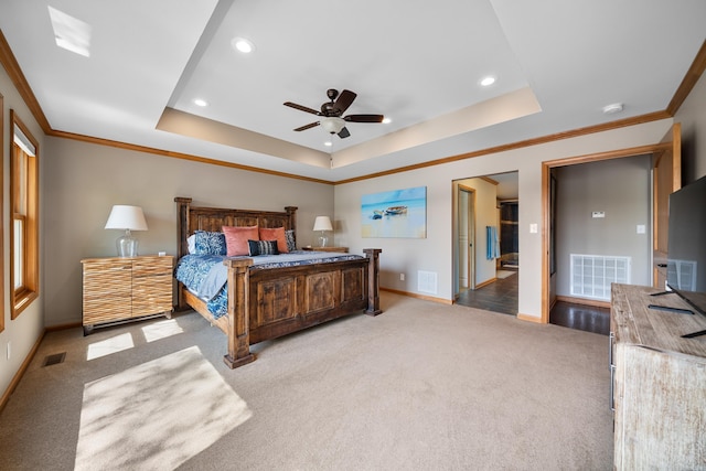 166 Heatherwood, Hot Springs, AR 71913 - bedroom with crown molding, carpet, visible vents, a raised ceiling, and baseboards