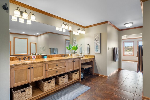 166 Heatherwood, Hot Springs, AR 71913 - bathroom with a sink, ornamental molding, baseboards, and double vanity