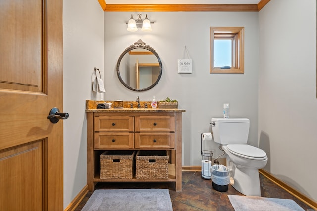 166 Heatherwood, Hot Springs, AR 71913 - bathroom with vanity, baseboards, crown molding, toilet, and stone finish flooring