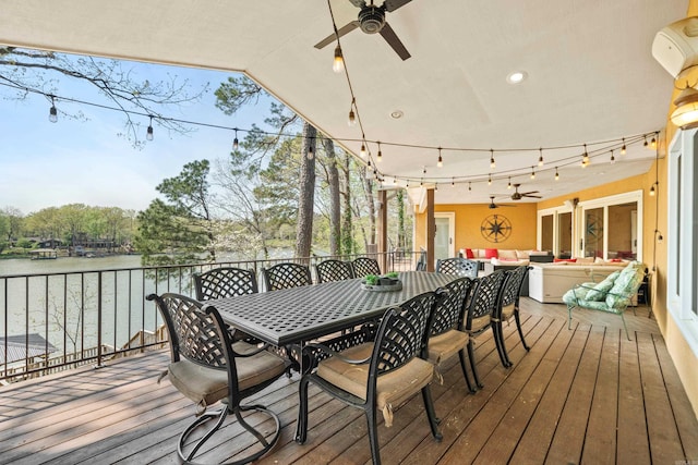 166 Heatherwood, Hot Springs, AR 71913 - wooden deck featuring a water view, outdoor lounge area, a ceiling fan, and outdoor dining area