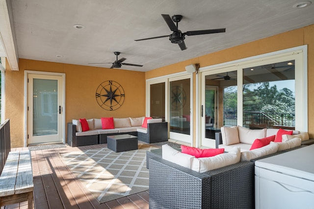 166 Heatherwood, Hot Springs, AR 71913 - wooden terrace featuring outdoor lounge area and a ceiling fan