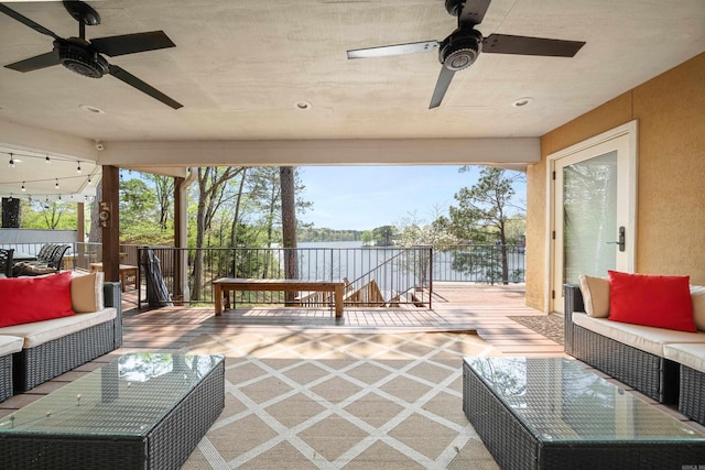 166 Heatherwood, Hot Springs, AR 71913 - view of patio with an outdoor living space, ceiling fan, and a deck with water view