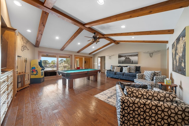 166 Heatherwood, Hot Springs, AR 71913 - playroom with pool table, a ceiling fan, recessed lighting, vaulted ceiling with beams, and hardwood / wood-style flooring