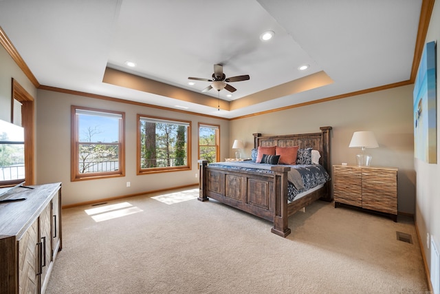 166 Heatherwood, Hot Springs, AR 71913 - bedroom featuring a raised ceiling, light carpet, ornamental molding, and visible vents