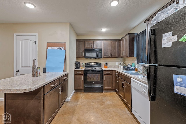 1104 Cartwright, Jonesboro, AR 72401 - kitchen featuring concrete floors, light countertops, dark brown cabinets, black appliances, and a sink