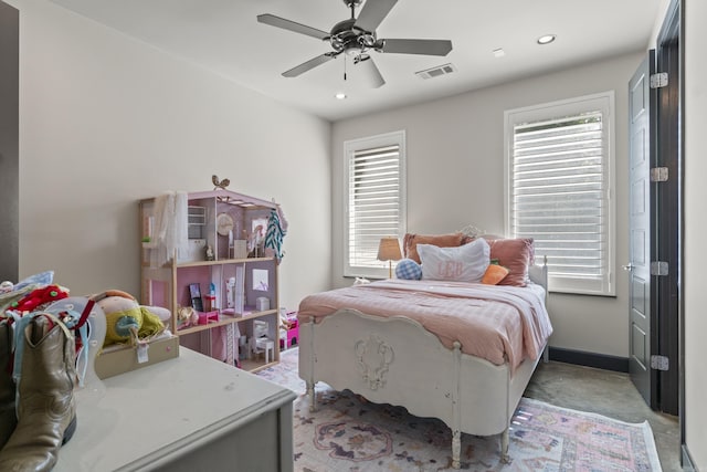 bedroom with recessed lighting, concrete floors, visible vents, and ceiling fan