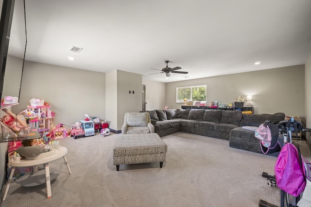 living room featuring visible vents, ceiling fan, recessed lighting, and carpet