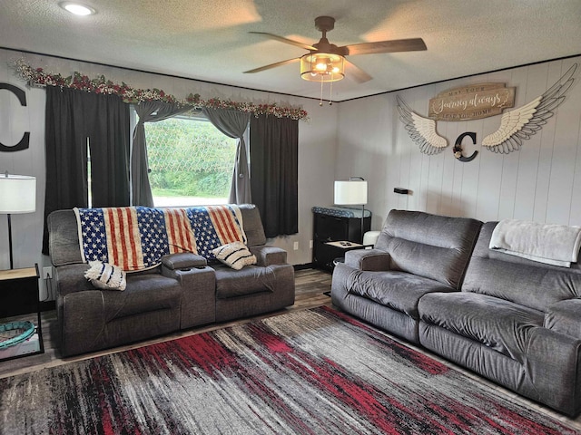 1139 Crescent Dr, Mena, AR 71953 - living room with ceiling fan, a textured ceiling, and wood finished floors