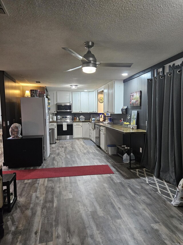 1139 Crescent Dr, Mena, AR 71953 - kitchen featuring ceiling fan, a textured ceiling, wood finished floors, and appliances with stainless steel finishes