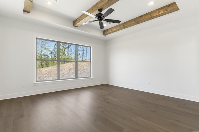 empty room featuring baseboards, a ceiling fan, dark wood finished floors, beamed ceiling, and recessed lighting