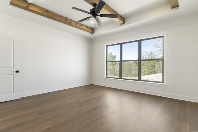 empty room with ceiling fan, beamed ceiling, dark wood finished floors, recessed lighting, and baseboards