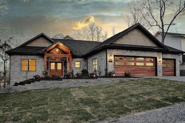 7 San Pablo Ln, Hot Springs Village, AR 71909 - craftsman-style house with a shingled roof, a yard, an attached garage, french doors, and driveway