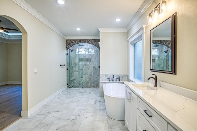 7 San Pablo Ln, Hot Springs Village, AR 71909 - full bath featuring vanity, a stall shower, a soaking tub, crown molding, and marble finish floor