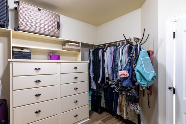 walk in closet with wood finished floors
