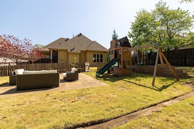 view of jungle gym featuring a patio, a fenced backyard, a lawn, and outdoor lounge area