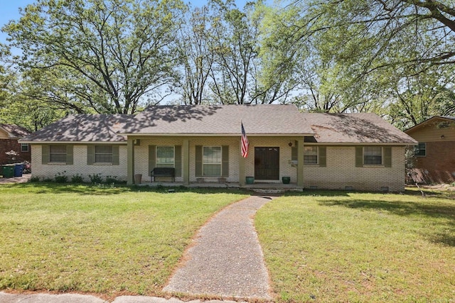 single story home featuring brick siding, crawl space, and a front lawn