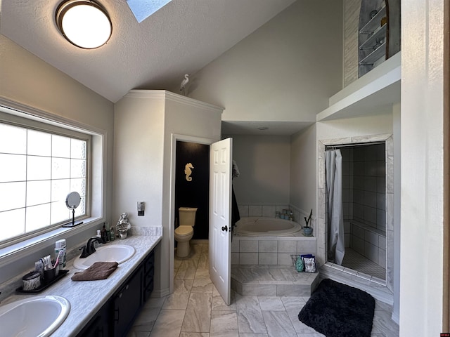 full bathroom with toilet, a garden tub, a sink, and lofted ceiling with skylight