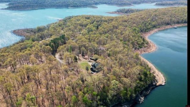 aerial view featuring a wooded view and a water view