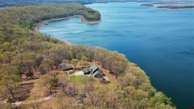 birds eye view of property featuring a forest view and a water view