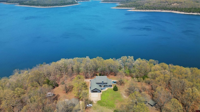 drone / aerial view with a view of trees and a water view