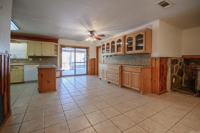 1295 Polk Road 47, Mena, AR 71953 - kitchen with ornamental molding, visible vents, backsplash, and white dishwasher