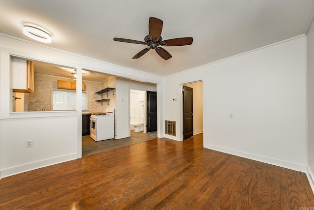 unfurnished living room featuring visible vents, baseboards, a ceiling fan, and dark wood-style floors