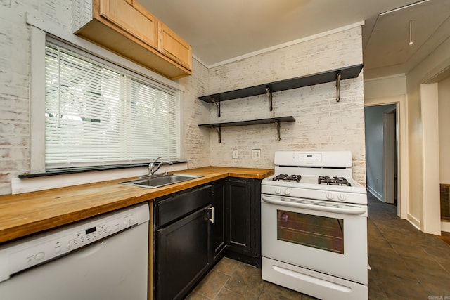 kitchen featuring open shelves, a sink, ornamental molding, wooden counters, and white appliances
