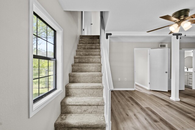 1216 Wade Ave, Judsonia, AR 72081 - stairs featuring a healthy amount of sunlight, wood finished floors, ceiling fan, and visible vents