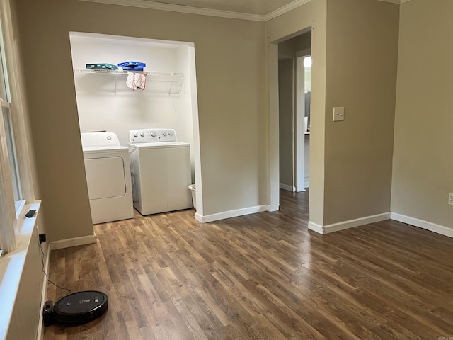 5301 Owensville Cutoff, Lonsdale, AR 72087 - clothes washing area with crown molding, laundry area, wood finished floors, washer and dryer, and baseboards