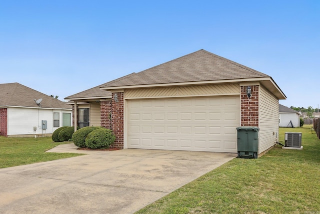 ranch-style house with cooling unit, driveway, brick siding, a garage, and a front yard