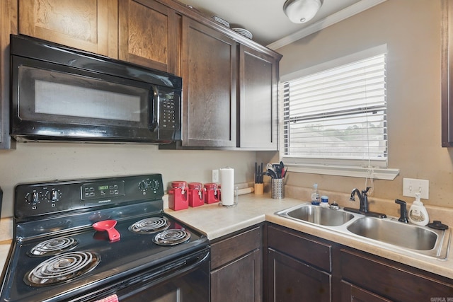 kitchen with ornamental molding, black appliances, a healthy amount of sunlight, and light countertops