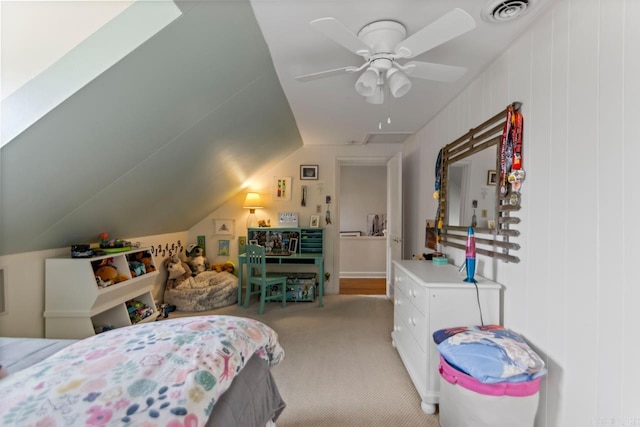 5400 Southwood Rd, Little Rock, AR 72205 - bedroom featuring visible vents, ceiling fan, light colored carpet, and vaulted ceiling