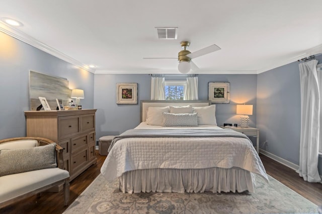 5400 Southwood Rd, Little Rock, AR 72205 - bedroom featuring crown molding, visible vents, a ceiling fan, and dark wood-style floors