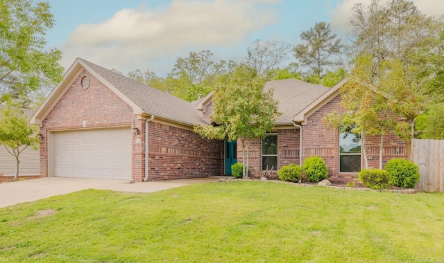 1844 White Oak Cir, Benton, AR 72019 - ranch-style house with concrete driveway, roof with shingles, a front yard, brick siding, and a garage