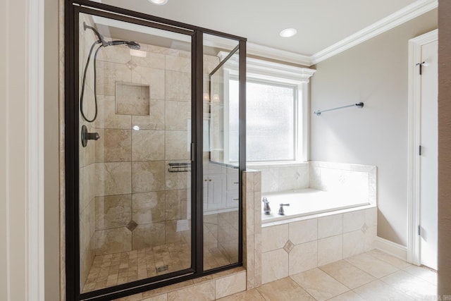 1844 White Oak Cir, Benton, AR 72019 - full bathroom featuring ornamental molding, a bath, a stall shower, and tile patterned flooring