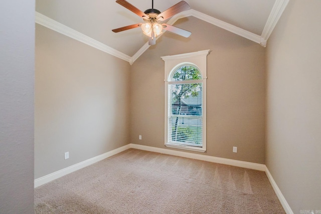 1844 White Oak Cir, Benton, AR 72019 - carpeted empty room with baseboards, vaulted ceiling, crown molding, and a ceiling fan