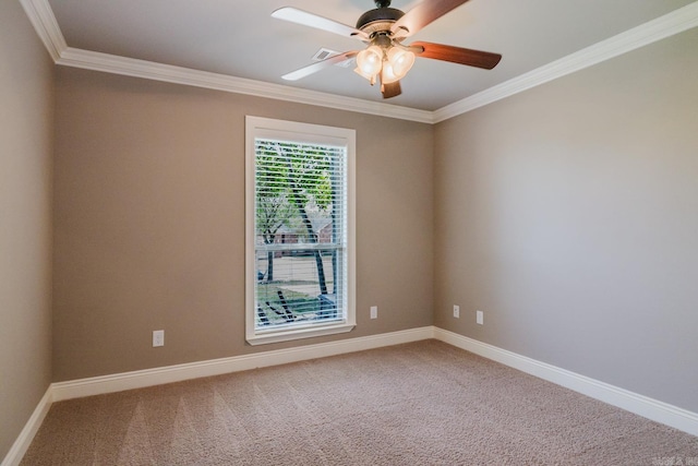 1844 White Oak Cir, Benton, AR 72019 - carpeted spare room featuring visible vents, baseboards, crown molding, and ceiling fan